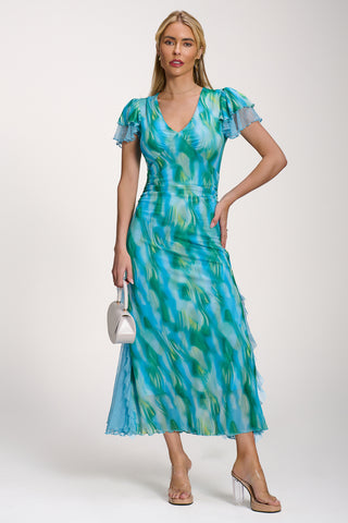 Lace Insert Mesh Midi Dress, Blue Abstract