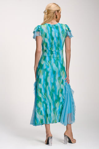 Lace Insert Mesh Midi Dress, Blue Abstract