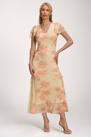 Lace Insert Mesh Midi Dress, Orange Abstract