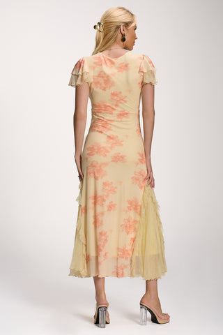 Lace Insert Mesh Midi Dress, Orange Abstract