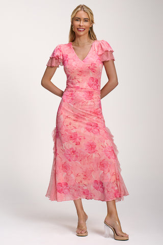 Lace Insert Mesh Midi Dress, Pink Abstract