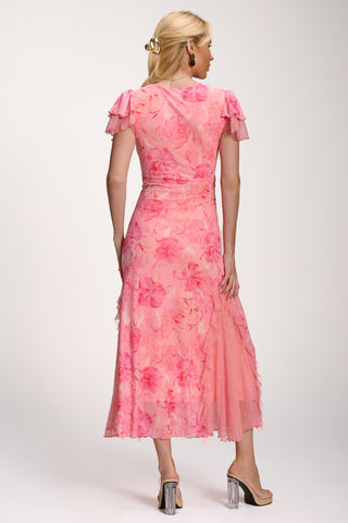 Lace Insert Mesh Midi Dress, Pink Abstract