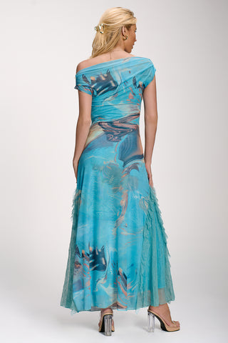 Lace Insert Ruched Mesh Maxi Dress, Blue Abstract