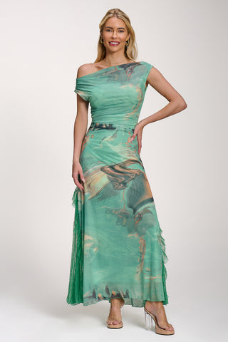 Lace Insert Ruched Mesh Maxi Dress, Green Abstract