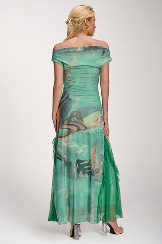 Lace Insert Ruched Mesh Maxi Dress, Green Abstract