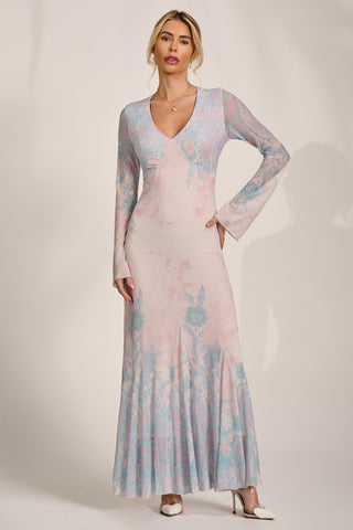 Long Sleeve Godet Mesh Maxi Dress, Blue Multi