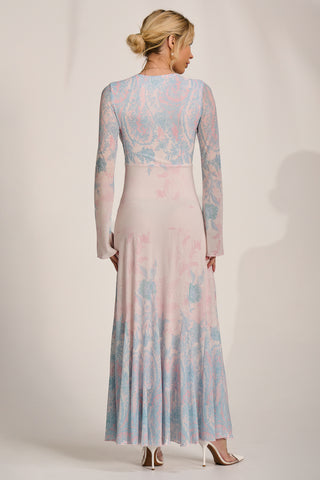 Long Sleeve Godet Mesh Maxi Dress, Blue Multi