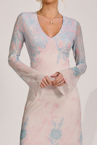 Long Sleeve Godet Mesh Maxi Dress, Blue Multi