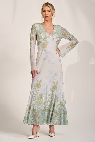 Long Sleeve Godet Mesh Maxi Dress, Green Multi