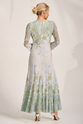 Long Sleeve Godet Mesh Maxi Dress, Green Multi