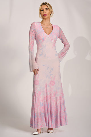 Long Sleeve Godet Mesh Maxi Dress, Pink Multi