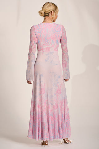 Long Sleeve Godet Mesh Maxi Dress, Pink Multi