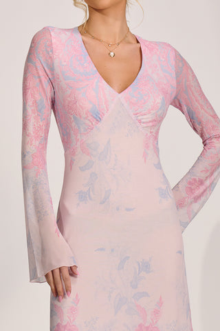Long Sleeve Godet Mesh Maxi Dress, Pink Multi