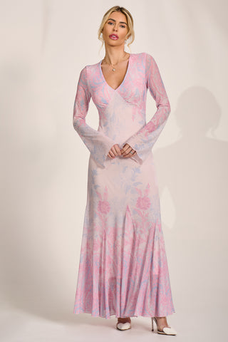 Long Sleeve Godet Mesh Maxi Dress, Pink Multi