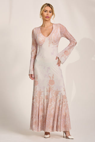 Long Sleeve Godet Mesh Maxi Dress, Taupe Multi