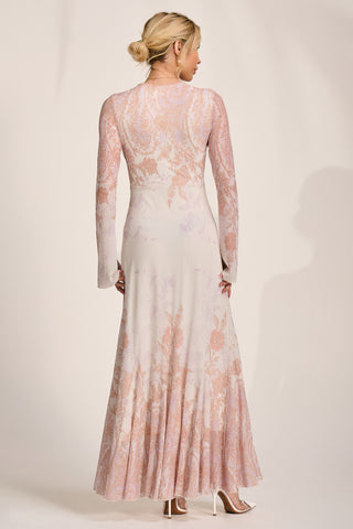 Long Sleeve Godet Mesh Maxi Dress, Taupe Multi