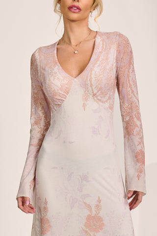 Long Sleeve Godet Mesh Maxi Dress, Taupe Multi