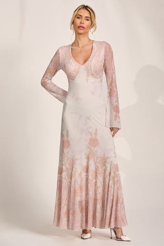 Long Sleeve Godet Mesh Maxi Dress, Taupe Multi