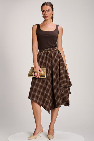 Check Asymmetric Woven Midi Skirt, Brown Check