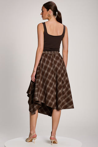 Check Asymmetric Woven Midi Skirt, Brown Check