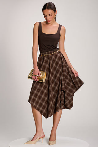 Check Asymmetric Woven Midi Skirt, Brown Check