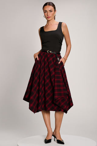 Check Asymmetric Woven Midi Skirt, Red Check