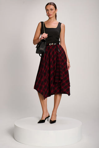 Check Asymmetric Woven Midi Skirt, Red Check