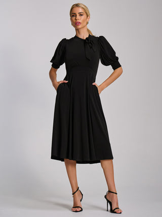 Tie Neck Puffy Sleeve Jersey Midi Dress, Black