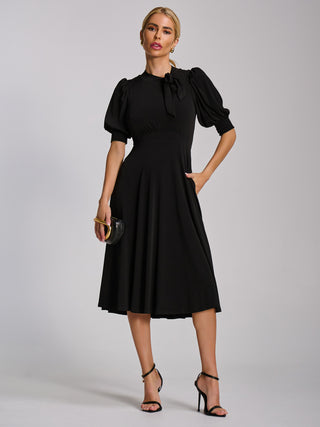 Tie Neck Puffy Sleeve Jersey Midi Dress, Black