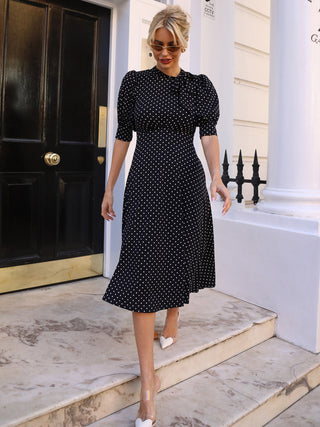 Tie Neck Puffy Sleeve Jersey Midi Dress, Navy Polka Dot