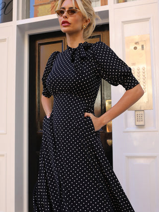 Tie Neck Puffy Sleeve Jersey Midi Dress, Navy Polka Dot