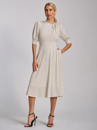 Tie Neck Puffy Sleeve Jersey Midi Dress, White Polka Dot