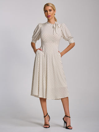 Tie Neck Puffy Sleeve Jersey Midi Dress, White Polka Dot