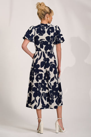 Turtle Neck Puff Sleeve Jersey Midi Dress, Cream Floral