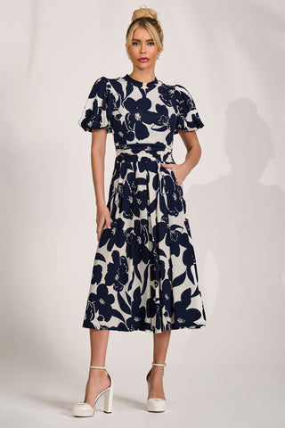 Turtle Neck Puff Sleeve Jersey Midi Dress, Cream Floral