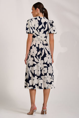 Turtle Neck Puff Sleeve Jersey Midi Dress, Navy Floral