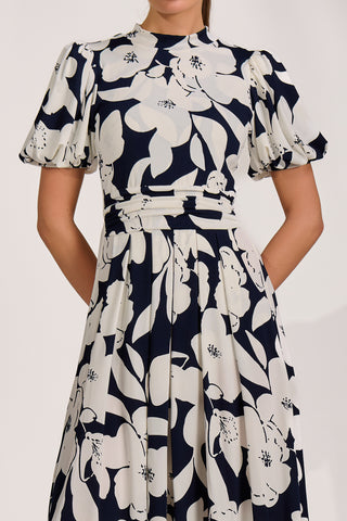 Turtle Neck Puff Sleeve Jersey Midi Dress, Navy Floral