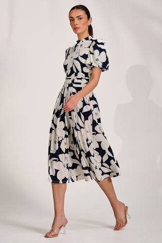 Turtle Neck Puff Sleeve Jersey Midi Dress, Navy Floral