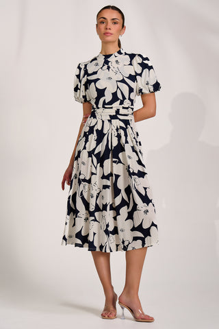Turtle Neck Puff Sleeve Jersey Midi Dress, Navy Floral