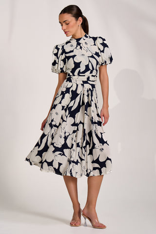 Turtle Neck Puff Sleeve Jersey Midi Dress, Navy Floral