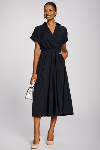 Wrap Bodice Cotton Blend Shirt Midi Dress, Navy