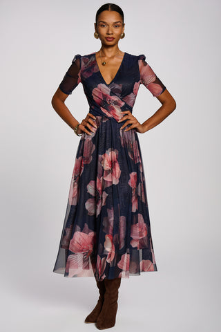 Double Layer Printed Mesh Maxi Dress, Navy Floral