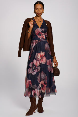 Double Layer Printed Mesh Maxi Dress, Navy Floral