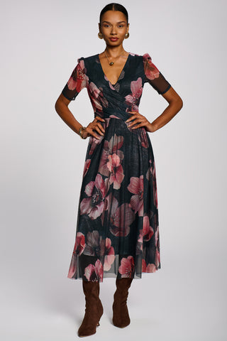 Double Layer Printed Mesh Maxi Dress, Teal Floral