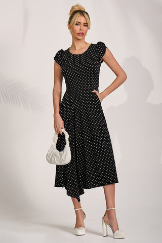 Lap Over Short Sleeve Jersey Dress, Black Spot