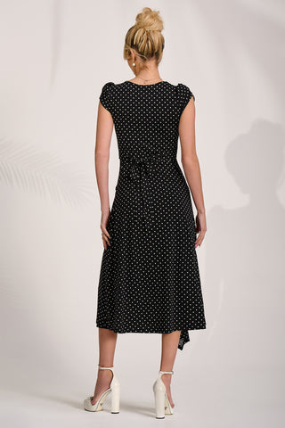 Lap Over Short Sleeve Jersey Dress, Black Spot