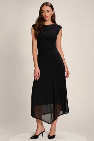 Asymmetric Draped Mesh Maxi Dress, Black