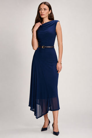 Asymmetric Draped Mesh Maxi Dress, Navy