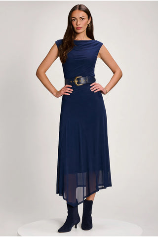 Asymmetric Draped Mesh Maxi Dress, Navy