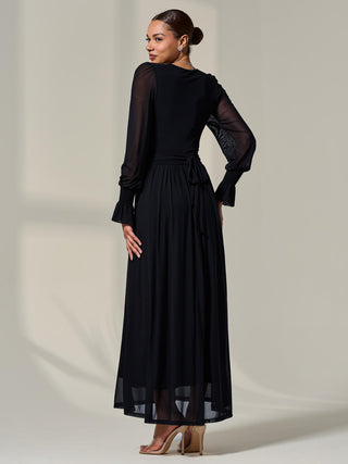 Long Sleeve Mesh Maxi Dress, Black